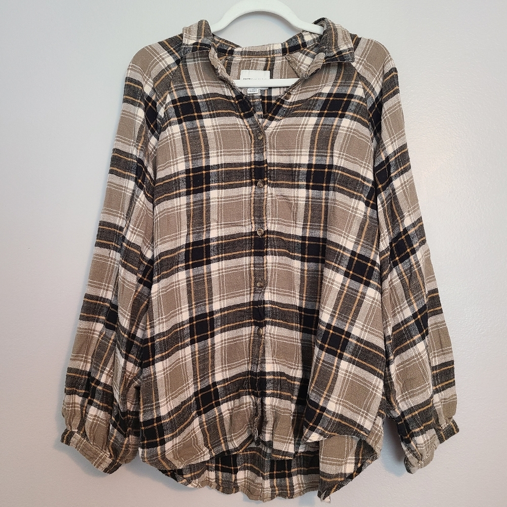American Eagle Loose Oversized Plaid Bell Sleeve Button Up Flannel Top XL